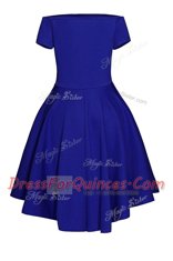 Dazzling Blue Satin Side Zipper Bateau Short Sleeves Tea Length Homecoming Dress Ruching