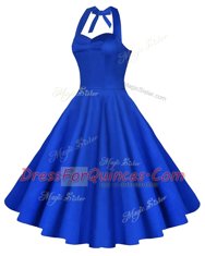 Knee Length Blue Evening Dress Satin Sleeveless Ruching