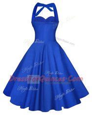Knee Length Blue Evening Dress Satin Sleeveless Ruching