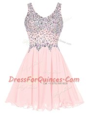 Exquisite Baby Pink A-line Chiffon Straps Sleeveless Beading Knee Length Zipper Prom Dresses