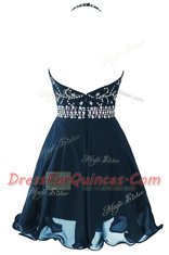 Scoop Sleeveless Mini Length Beading and Belt Zipper Prom Dresses with Navy Blue