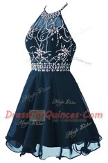 Scoop Sleeveless Mini Length Beading and Belt Zipper Prom Dresses with Navy Blue