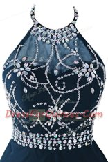 Scoop Sleeveless Mini Length Beading and Belt Zipper Prom Dresses with Navy Blue