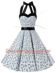 Customized Halter Top Sleeveless Prom Dress Knee Length Sashes ribbons and Pattern White And Black Chiffon