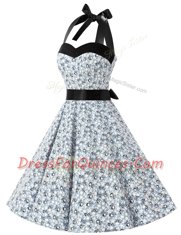 Customized Halter Top Sleeveless Prom Dress Knee Length Sashes ribbons and Pattern White And Black Chiffon