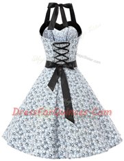 Customized Halter Top Sleeveless Prom Dress Knee Length Sashes ribbons and Pattern White And Black Chiffon