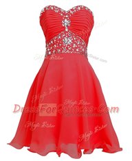 Fabulous Red Empire Beading and Belt Dress for Prom Lace Up Organza Sleeveless Mini Length