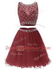 Sophisticated Sweetheart Sleeveless Prom Gown Mini Length Beading and Belt Burgundy Organza