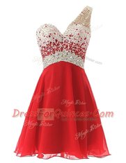 Red One Shoulder Criss Cross Beading Prom Dresses Sleeveless