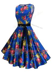 Nice Scoop Sleeveless Knee Length Sashes ribbons and Pattern Zipper Evening Dress with Multi-color