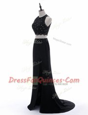 Scoop Black Sleeveless With Train Beading and Lace Side Zipper Dress for Prom