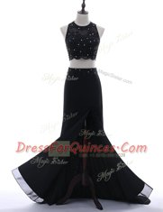 Scoop Black Sleeveless With Train Beading and Lace Side Zipper Dress for Prom