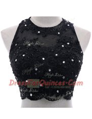 Scoop Black Sleeveless With Train Beading and Lace Side Zipper Dress for Prom