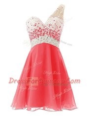 One Shoulder Sleeveless Chiffon Knee Length Criss Cross in Watermelon Red with Beading