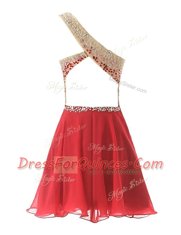 One Shoulder Sleeveless Chiffon Knee Length Criss Cross in Watermelon Red with Beading