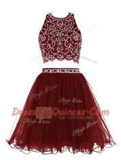 Ideal Scoop Burgundy Clasp Handle Homecoming Dress Beading Sleeveless Mini Length