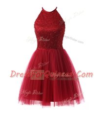 Wine Red A-line Scoop Sleeveless Chiffon Knee Length Zipper Beading Prom Dresses