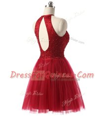 Wine Red A-line Scoop Sleeveless Chiffon Knee Length Zipper Beading Prom Dresses
