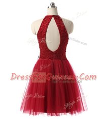 Wine Red A-line Scoop Sleeveless Chiffon Knee Length Zipper Beading Prom Dresses