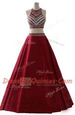 Fabulous Wine Red A-line Chiffon Scoop Sleeveless Beading Floor Length Zipper Prom Party Dress