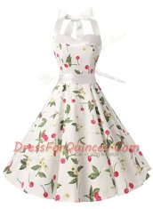 Fashionable Halter Top White Sleeveless Knee Length Sashes ribbons and Pattern Zipper Homecoming Dress
