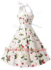 Fashionable Halter Top White Sleeveless Knee Length Sashes ribbons and Pattern Zipper Homecoming Dress