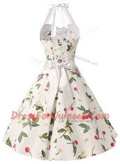 Fashionable Halter Top White Sleeveless Knee Length Sashes ribbons and Pattern Zipper Homecoming Dress