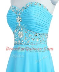 Aqua Blue Sleeveless Beading and Belt Mini Length Prom Gown