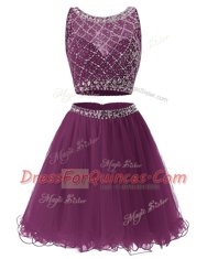 Purple Side Zipper Sweetheart Beading and Belt Tulle Sleeveless