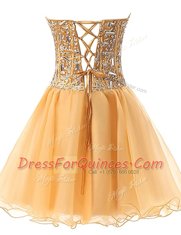 Excellent Rose Pink Lace Up Prom Gown Beading Sleeveless Knee Length