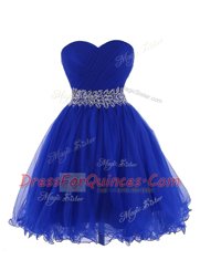 Customized Royal Blue Sleeveless Belt Mini Length Prom Dress