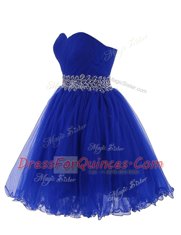 Customized Royal Blue Sleeveless Belt Mini Length Prom Dress