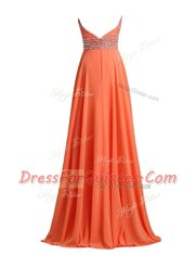 Pretty Chiffon Scoop Sleeveless Sweep Train Zipper Beading and Belt Prom Dress in Orange Red