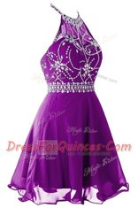 Nice Organza Halter Top Sleeveless Zipper Beading Prom Evening Gown in Purple