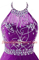 Nice Organza Halter Top Sleeveless Zipper Beading Prom Evening Gown in Purple
