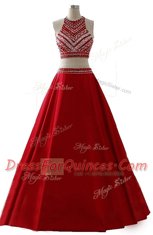 High Class Scoop Sleeveless Dress for Prom Floor Length Beading Wine Red Chiffon
