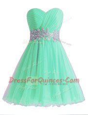 Excellent Knee Length Apple Green Prom Dresses Chiffon Sleeveless Beading and Ruching