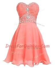 Beading and Belt Prom Dress Watermelon Red Lace Up Sleeveless Mini Length