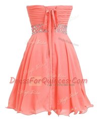 Beading and Belt Prom Dress Watermelon Red Lace Up Sleeveless Mini Length