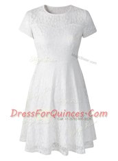 Scoop White Empire Lace Side Zipper Organza Short Sleeves Tea Length