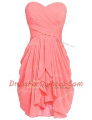 Sleeveless Chiffon Knee Length Lace Up Dress for Prom in Watermelon Red with Ruching
