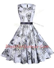 Scoop Sashes ribbons and Pattern Evening Dress White And Black Zipper Sleeveless Knee Length