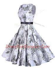 Scoop Sashes ribbons and Pattern Evening Dress White And Black Zipper Sleeveless Knee Length