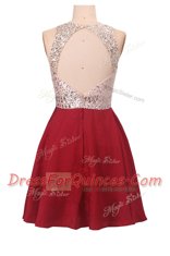 High Quality Sequins Scoop Sleeveless Zipper Dress for Prom Wine Red Chiffon