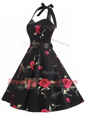 A-line Dress for Prom Black Halter Top Chiffon Sleeveless Knee Length Zipper
