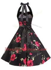 A-line Dress for Prom Black Halter Top Chiffon Sleeveless Knee Length Zipper