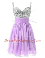 Flare Lavender Column/Sheath Beading Evening Dress Zipper Chiffon Sleeveless Knee Length