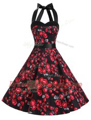 Most Popular Halter Top Sleeveless Prom Party Dress Knee Length Sashes ribbons and Pattern Red And Black Chiffon