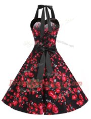 Most Popular Halter Top Sleeveless Prom Party Dress Knee Length Sashes ribbons and Pattern Red And Black Chiffon