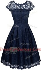 Custom Fit Navy Blue Empire Organza Scalloped Short Sleeves Lace Tea Length Zipper Prom Party Dress